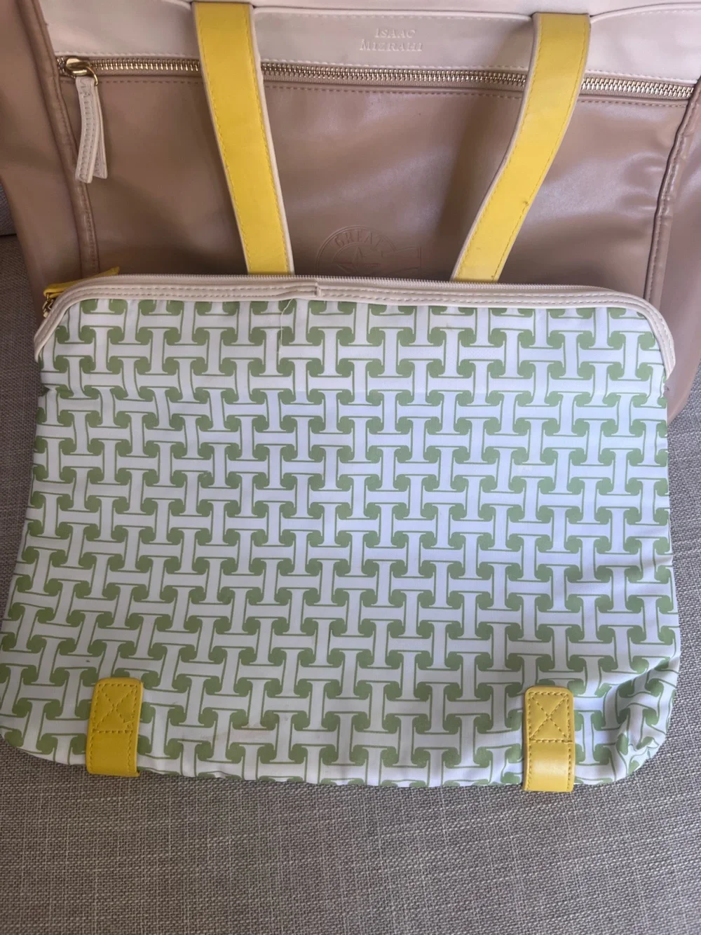 Isaac Mizrahi Cream & Yellow Leather Tote with Removable Computer Sleeve